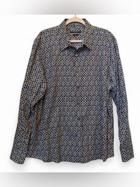 Gucci Navy and Yellow Men’s Geometric Long-Sleeve Fitted Button-Down Shirt